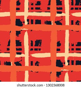 Kilt Texture. Seamless Grunge Background with Hand Painted Crossing Stripes for Wrapping Paper, Linen, Sportswear. Rustic Check Texture. Vector Seamless Tartan. Scottish Ornament