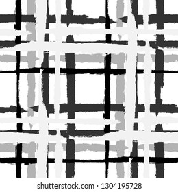 Kilt Texture. Seamless Grunge Background with Hand Painted Crossing Stripes for Wallpaper, Linen, Cloth. Rustic Check Texture. Vector Seamless Tartan.