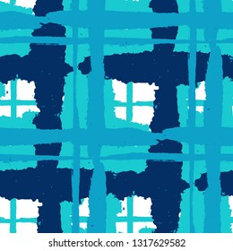 Kilt Texture. Seamless Grunge Background with Hand Painted Crossing Brush Strokes for Swimwear, Fabric, Textile. Rustic Check Texture. Vector Seamless Plaid. Scottish Ornament