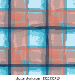 Kilt Texture. Seamless Grunge Background with Hand Painted Crossing Lines for Print, Upholstery, Textile. Rustic Check Texture. Vector Seamless Plaid Texture.