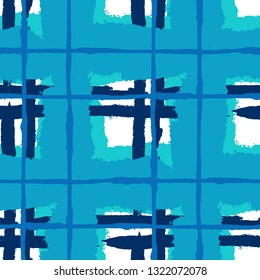 Kilt Texture. Seamless Grunge Background with Hand Painted Crossing Stripes for Wrapping Paper, Linen, Sportswear. Rustic Check Texture. Vector Seamless Kilt Texture.