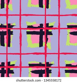 Kilt Texture. Seamless Grunge Background with Hand Painted Crossing Lines for Swimwear, Upholstery, Textile. Rustic Check Texture. Vector Seamless Plaid Texture.