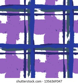 Kilt Texture. Seamless Grunge Background with Hand Painted Crossing Lines for Print, Linen, Cloth. Rustic Check Texture. Vector Seamless Tartan. Scottish Ornament