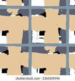 Kilt Texture. Seamless Grunge Background with Hand Painted Crossing Brush Strokes for Print, Upholstery, Textile. Rustic Check Texture. Vector Seamless Tartan.