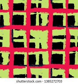 Kilt Texture. Seamless Grunge Background with Hand Painted Crossing Brush Strokes for Print, Upholstery, Cloth. Rustic Check Texture. Vector Seamless Kilt Texture.