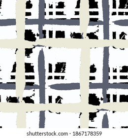 Kilt Texture. Seamless Grunge Background with Hand Painted Crossing Stripes for Print, Upholstery, Cloth. Rustic Check Texture. Vector Seamless Kilt Texture.