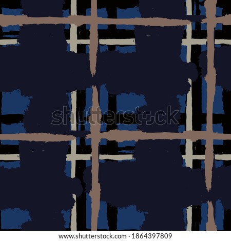 Kilt Texture. Seamless Grunge Background with Hand Painted Crossing Brush Strokes for Swimwear, Upholstery, Textile. Rustic Check Texture. Vector Seamless Tartan. Scottish Ornament