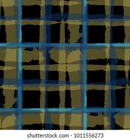 Kilt Texture. Seamless Grunge Texture with Hand Painted Crossing Stripes for Wallpaper, Linen, Sportswear. Rustic Check Texture. Vector Seamless Tartan. Scottish 
Ornament