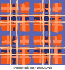 Kilt Texture. Seamless Grunge Texture with Hand Painted Crossing Stripes for Print, Upholstery, Cloth. Rustic Check Texture. Vector Seamless Plaid Texture.