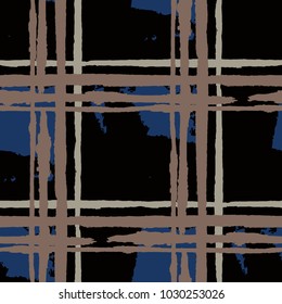 Kilt Texture. Seamless Grunge Texture with Hand Painted Crossing Lines for Print, Linen, Cloth. Rustic Check Texture. Vector Seamless Tartan.