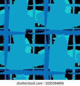 Kilt Texture. Seamless Grunge Texture with Hand Painted Crossing Brush Strokes for Swimwear, Upholstery, Textile. Rustic Check Texture. Vector Seamless Kilt Texture. Scottish 
Ornament