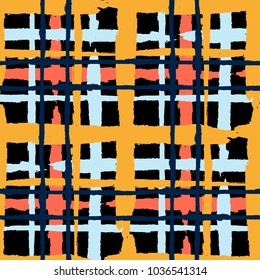 Kilt Texture. Seamless Grunge Texture with Hand Painted Crossing Brush Strokes for Wallpaper, Linen, Cloth. Rustic Check Texture. Vector Seamless Plaid. Scottish 
Ornament