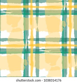 Kilt Texture. Seamless Grunge Texture with Hand Painted Crossing Brush Strokes for Swimwear, Upholstery, Textile. Rustic Check Texture. Vector Seamless Plaid. Scottish 
Ornament