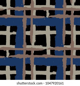 Kilt Texture. Seamless Grunge Texture with Hand Painted Crossing Brush Strokes for Swimwear, Upholstery, Textile. Rustic Check Texture. Vector Seamless Kilt Texture.
