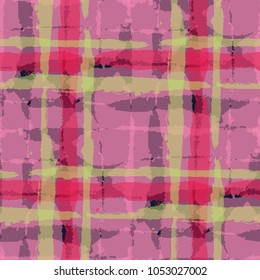 Kilt Texture. Seamless Grunge Texture with Hand Painted Crossing Stripes for Swimwear, Fabric, Textile. Rustic Check Texture. Vector Seamless Tartan. Scottish 
Ornament
