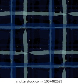 Kilt Texture. Seamless Grunge Texture with Hand Painted Crossing Stripes for Swimwear, Upholstery, Textile. Rustic Check Texture. Vector Seamless Tartan.