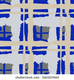 Kilt Texture. Seamless Grunge Texture with Hand Painted Crossing Stripes for Print, Upholstery, Cloth. Rustic Check Texture. Vector Seamless Tartan.