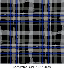 Kilt Texture. Seamless Grunge Texture with Hand Painted Crossing Brush Strokes for Wallpaper, Linen, Sportswear. Rustic Check Texture. Vector Seamless Plaid. Scottish 
Ornament