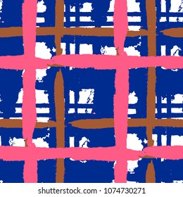 Kilt Texture. Seamless Grunge Texture with Hand Painted Crossing Lines for Wallpaper, Linen, Sportswear. Rustic Check Texture. Vector Seamless Kilt Texture. Scottish 
Ornament