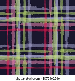 Kilt Texture. Seamless Grunge Texture with Hand Painted Crossing Stripes for Wrapping Paper, Linen, Sportswear. Rustic Check Texture. Vector Seamless Kilt Texture.