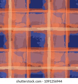 Kilt Texture. Seamless Grunge Texture with Hand Painted Crossing Brush Strokes for Swimwear, Fabric, Textile. Rustic Check Texture. Vector Seamless Plaid. Scottish 
Ornament