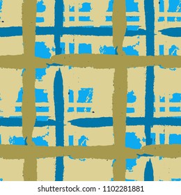 Kilt Texture. Seamless Grunge Texture with Hand Painted Crossing Brush Strokes for Print, Upholstery, Cloth. Rustic Check Texture. Vector Seamless Tartan.