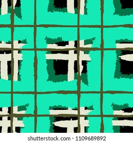 Kilt Texture. Seamless Grunge Texture with Hand Painted Crossing Lines for Swimwear, Fabric, Textile. Rustic Check Texture. Vector Seamless Tartan.