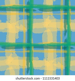 Kilt Texture. Seamless Grunge Texture with Hand Painted Crossing Brush Strokes for Swimwear, Upholstery, Textile. Rustic Check Texture. Vector Seamless Plaid. Scottish 
Ornament