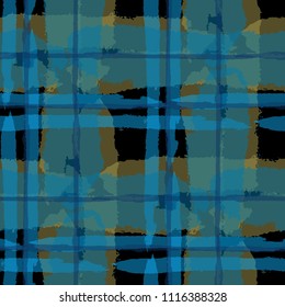 Kilt Texture. Seamless Grunge Texture with Hand Painted Crossing Brush Strokes for Swimwear, Fabric, Textile. Rustic Check Texture. Vector Seamless Tartan.