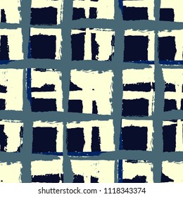 Kilt Texture. Seamless Grunge Texture with Hand Painted Crossing Stripes for Print, Linen, Cloth. Rustic Check Texture. Vector Seamless Tartan. Scottish 
Ornament
