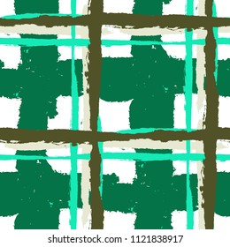 Kilt Texture. Seamless Grunge Texture with Hand Painted Crossing Stripes for Wallpaper, Linen, Cloth. Rustic Check Texture. Vector Seamless Kilt Texture.