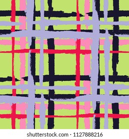 Kilt Texture. Seamless Grunge Texture with Hand Painted Crossing Stripes for Print, Linen, Cloth. Rustic Check Texture. Vector Seamless Plaid Texture.