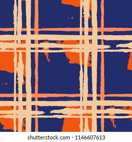 Kilt Texture. Seamless Grunge Texture with Hand Painted Crossing Stripes for Wallpaper, Linen, Cloth. Rustic Check Texture. Vector Seamless Kilt Texture. Scottish 
Ornament