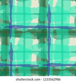 Kilt Texture. Seamless Grunge Texture with Hand Painted Crossing Stripes for Swimwear, Fabric, Textile. Rustic Check Texture. Vector Seamless Plaid. Scottish Ornament