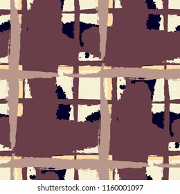 Kilt Texture. Seamless Grunge Texture with Hand Painted Crossing Lines for Wallpaper, Linen, Cloth. Rustic Check Texture. Vector Seamless Kilt Texture.
