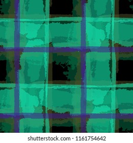 Kilt Texture. Seamless Grunge Texture with Hand Painted Crossing Stripes for Swimwear, Fabric, Textile. Rustic Check Texture. Vector Seamless Kilt Texture. Scottish Ornament