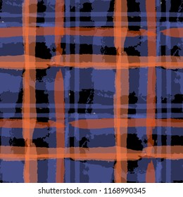 Kilt Texture. Seamless Grunge Texture with Hand Painted Crossing Brush Strokes for Print, Linen, Cloth. Rustic Check Texture. Vector Seamless Tartan.