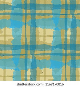 Kilt Texture. Seamless Grunge Texture with Hand Painted Crossing Lines for Wallpaper, Linen, Sportswear. Rustic Check Texture. Vector Seamless Plaid Texture.