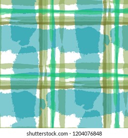 Kilt Texture. Seamless Grunge Texture with Hand Painted Crossing Lines for Swimwear, Upholstery, Textile. Rustic Check Texture. Vector Seamless Kilt Texture.