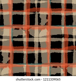 Kilt Texture. Seamless Grunge Texture with Hand Painted Crossing Stripes for Swimwear, Upholstery, Textile. Rustic Check Texture. Vector Seamless Tartan. Scottish Ornament