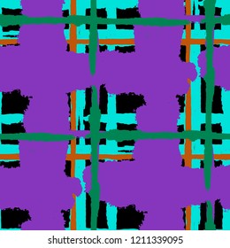 Kilt Texture. Seamless Grunge Texture with Hand Painted Crossing Lines for Wallpaper, Linen, Cloth. Rustic Check Texture. Vector Seamless Tartan. Scottish Ornament