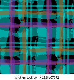 Kilt Texture. Seamless Grunge Texture with Hand Painted Crossing Lines for Print, Linen, Cloth. Rustic Check Texture. Vector Seamless Plaid. Scottish Ornament