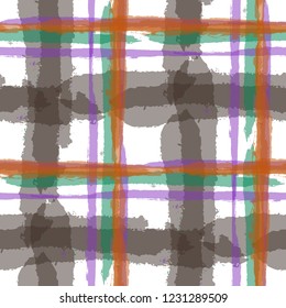 Kilt Texture. Seamless Grunge Texture with Hand Painted Crossing Lines for Print, Upholstery, Cloth. Rustic Check Texture. Vector Seamless Tartan. Scottish Ornament