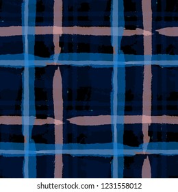 Kilt Texture. Seamless Grunge Texture with Hand Painted Crossing Stripes for Wallpaper, Linen, Cloth. Rustic Check Texture. Vector Seamless Kilt Texture.