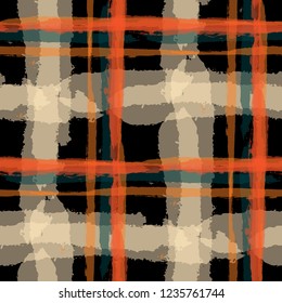 Kilt Texture. Seamless Grunge Texture with Hand Painted Crossing Lines for Print, Upholstery, Textile. Rustic Check Texture. Vector Seamless Tartan.