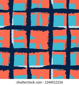 Kilt Texture. Seamless Grunge Texture with Hand Painted Crossing Lines for Wallpaper, Linen, Cloth. Rustic Check Texture. Vector Seamless Kilt Texture.