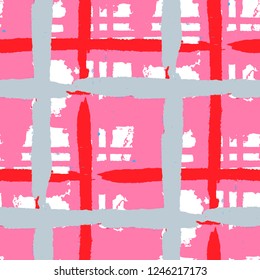 Kilt Texture. Seamless Grunge Texture with Hand Painted Crossing Stripes for Swimwear, Upholstery, Textile. Rustic Check Texture. Vector Seamless Kilt Texture.
