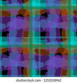 Kilt Texture. Seamless Grunge Texture with Hand Painted Crossing Lines for Swimwear, Fabric, Textile. Rustic Check Texture. Vector Seamless Kilt Texture.