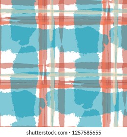 Kilt Texture. Seamless Grunge Texture with Hand Painted Crossing Lines for Wallpaper, Linen, Cloth. Rustic Check Texture. Vector Seamless Kilt Texture.