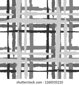 Kilt Texture. Seamless Grunge Texture with Hand Painted Crossing Stripes for Swimwear, Upholstery, Textile. Rustic Check Texture. Vector Seamless Kilt Texture.